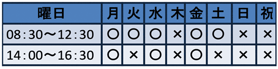 月・水・金曜日 午前 8:30〜12:30 午後 14:00〜16:30 火・土曜日 午前 8:30〜12:30